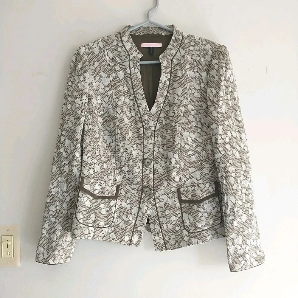 Basler Blazer Jacket Womens 40 M Beige Gray Abstract Silk Blend Pocket SplitCuff